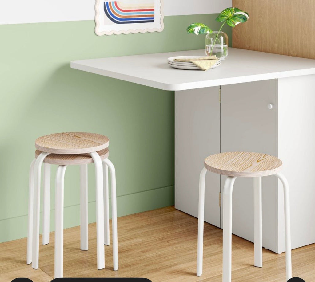 Set of 2 Plywood Stacking Stools with Metal Base - White