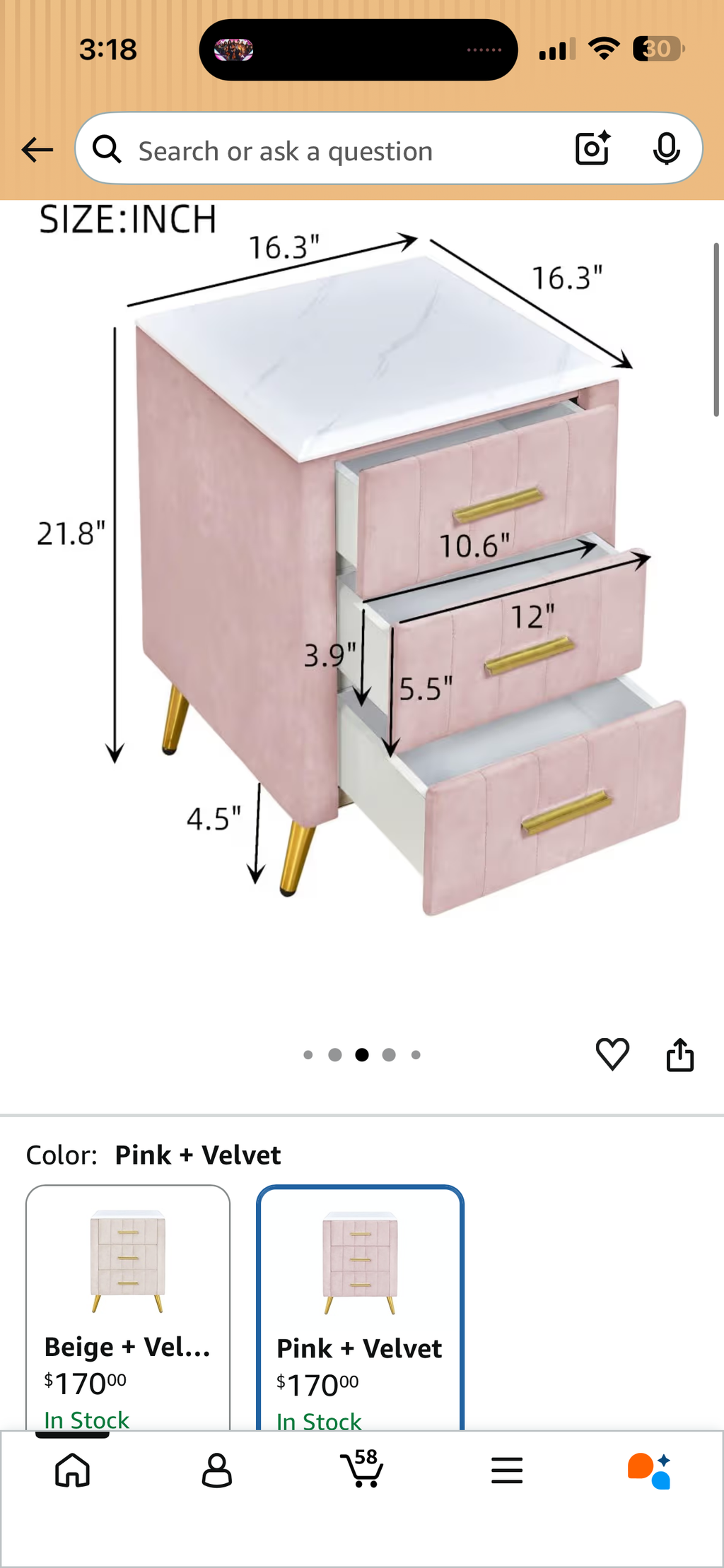 Pink Velvet Nightstand with Gold Legs